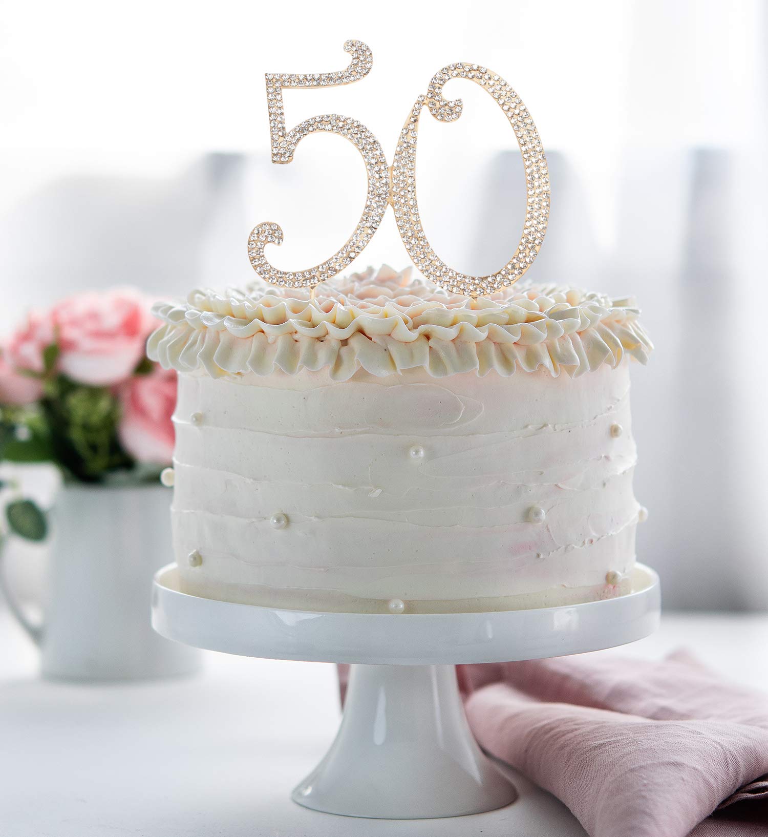 50th Birthday Cake Topper - Bling Crystal Rhinestone Gold Decorations for Women & Men | Elegant Keepsake Gift for Anniversary, Retirement Party & Milestone Celebration