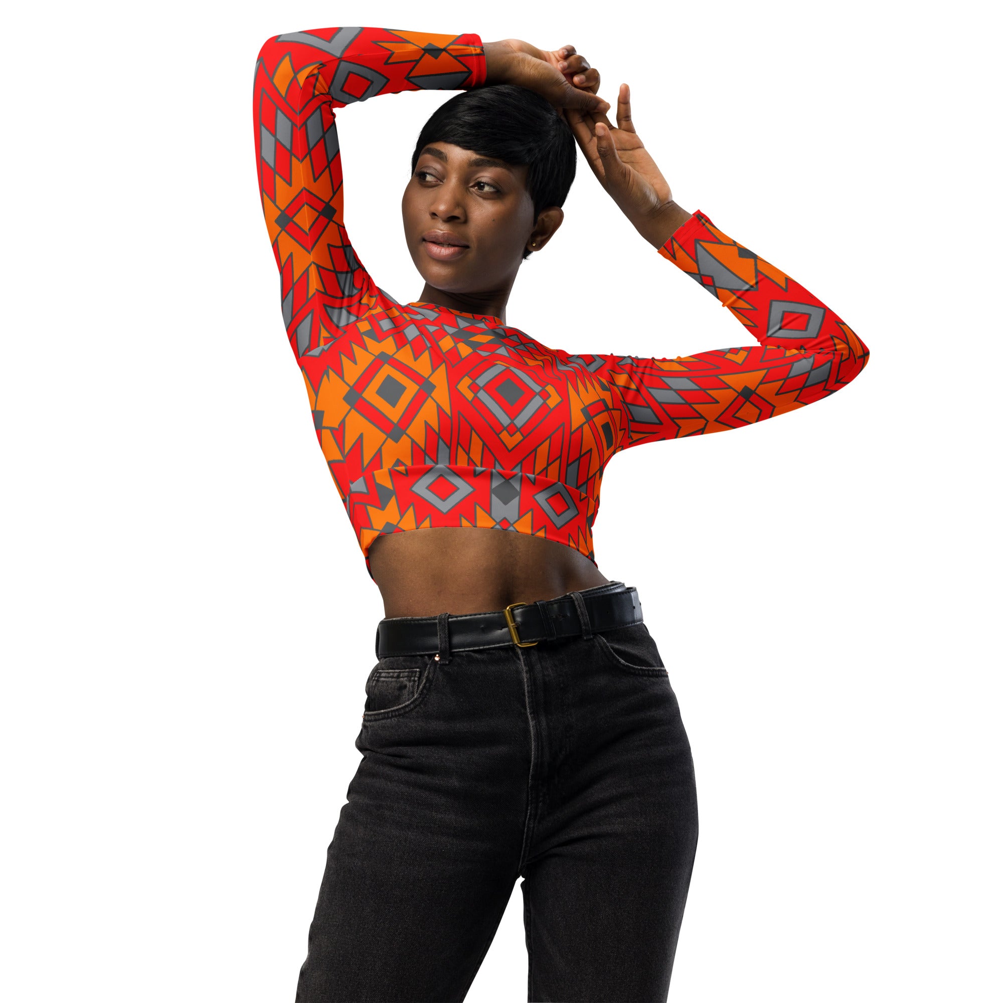 Eco-Friendly Southwestern Print Long Sleeve Crop Top | Sustainable Recycled Fabric | Perfect for Music Festivals & Boho Fashion