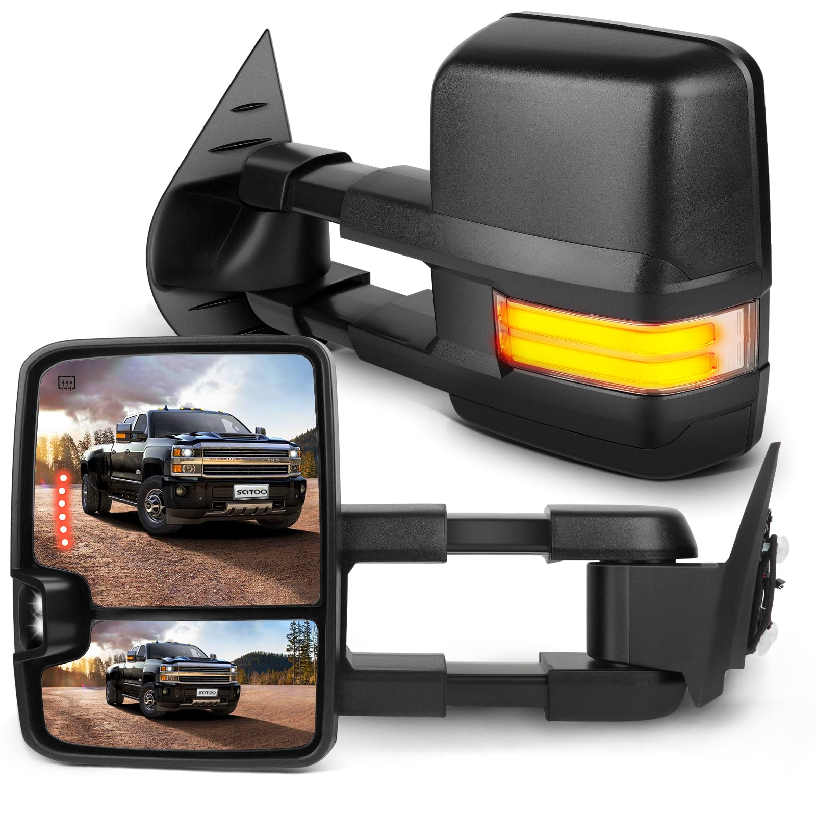 SCITOO Power Heated Towing Mirrors with Running Light & Turn Signal - Compatible with 2014-2020 Chevy Silverado 2500/3500 HD, 2007-2014 GMC Sierra, Tahoe, Suburban, Avalanche, Yukon XL & 2008-2013 Denali - Perfect for Towing, Camping & Off-Road Adventures