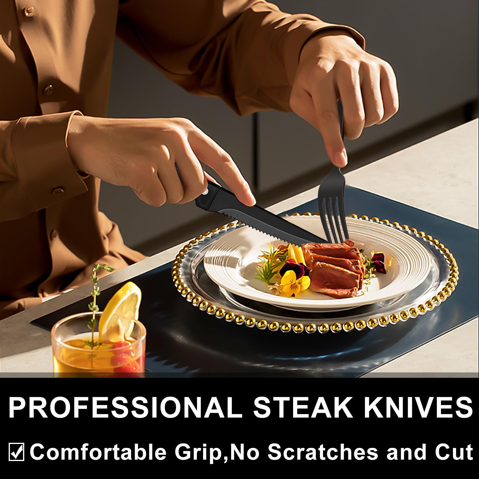 49-Piece Black Silverware Set with Organizer - Heavy Duty Stainless Steel Flatware for 8 People, Including Steak Knives - Rust-Proof, Mirror Polished, Dishwasher Safe - Perfect for Dining, Parties, and Everyday Use