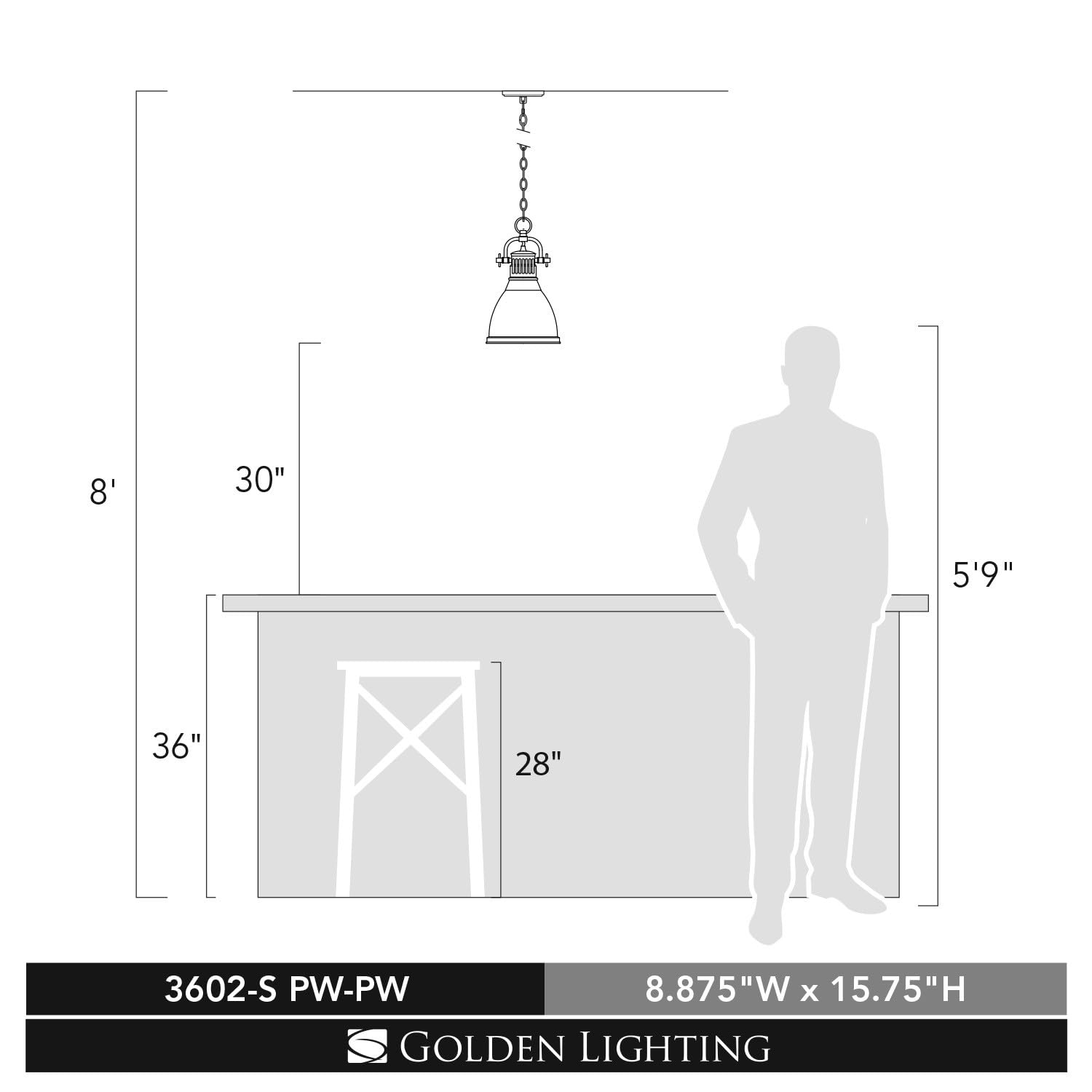 Golden 3602-S Mini Pendant Light with Pewter Shade & Finish - Modern Kitchen Island Lighting, Dining Room Ceiling Fixture for Home Decor