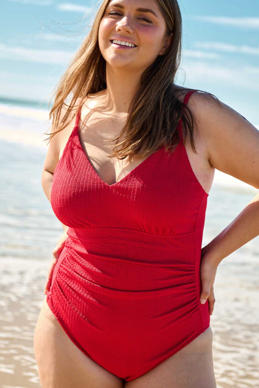 Coolum Core Support One Piece Swimsuit - Red Textured Design for Women | Perfect for Beach, Pool & Summer Vacations