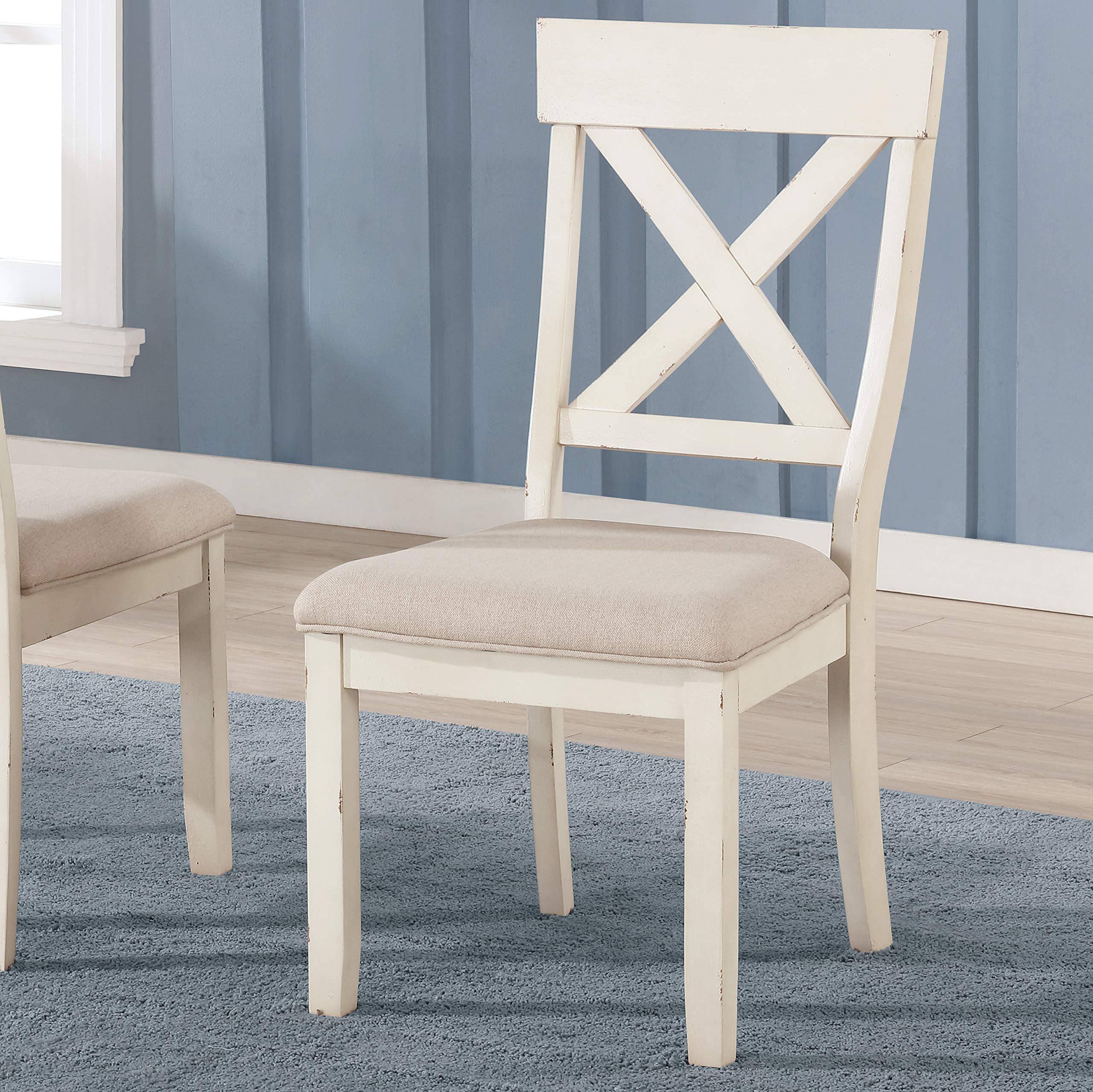 Roundhill Furniture Prato Wood Cross Back Upholstered Dining Chairs Set of 2 - Antique White & Tan - Modern Farmhouse Style for Kitchen, Dining Room & Restaurant