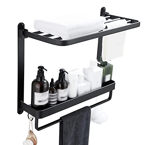 Black Wall-Mounted Glass Shower Shelf with Foldable Towel Bar & Hooks - 40cm Bathroom Organizer for Towels, Toiletries & Decor - Perfect for Small Spaces, Apartments & Modern Bathrooms