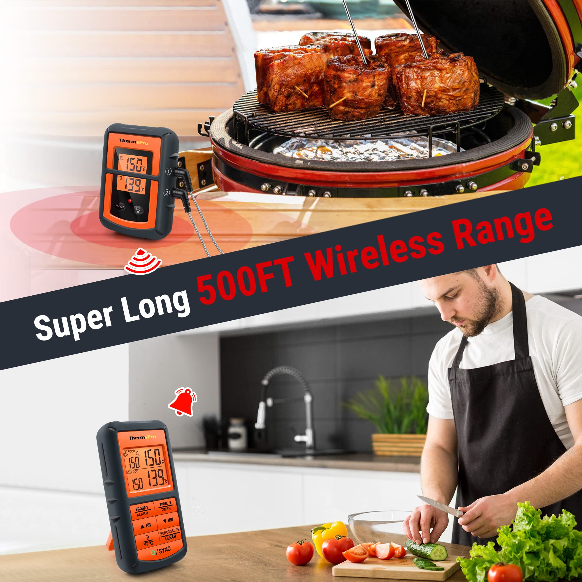 ThermoPro TP08 500FT Wireless Meat Thermometer with Dual Probe - Digital Cooking Thermometer for Grilling, Smoking, BBQ, Oven & Kitchen Use - Perfect for Steak, Turkey, Chicken & Baking