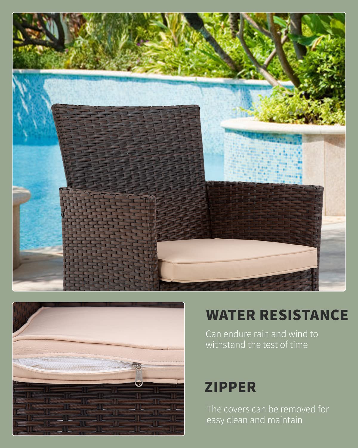 3-Piece Wicker Patio Furniture Set - Outdoor Rattan Chairs & Table for Backyard, Porch, Poolside or Lawn - Brown Conversation Bistro Set for Relaxing & Entertaining