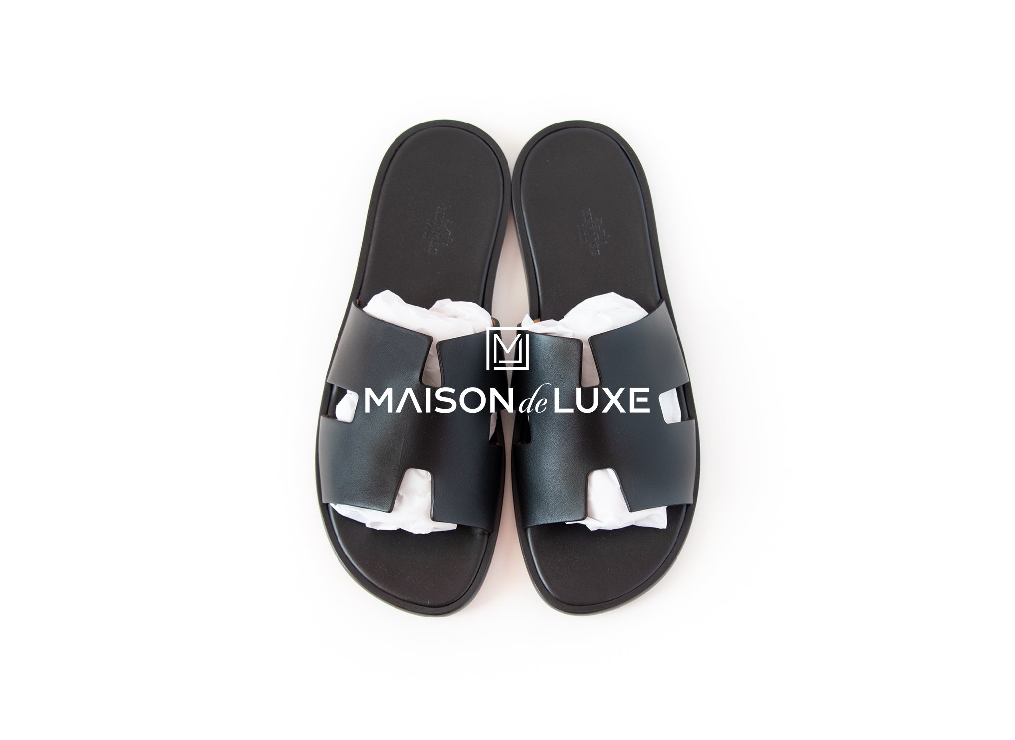 Hermes Men's Noir Black Izmir Sandal Size 44 - Premium Leather Summer Slides for Beach, Pool & Casual Wear