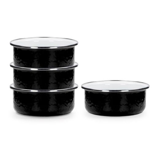 Premium Black Enamelware Soup Bowls - Set of 4 Durable Porcelain Bowls for Soup, Cereal, Pasta & Dessert | Rustic Kitchen & Camping Dining Essentials