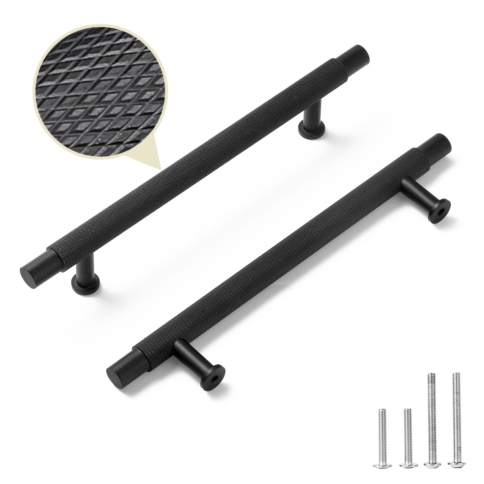 NAUBEA 6 Pack 5 Inch (128mm) Matte Black Kitchen Cabinet Handles - Diamond Pattern Knurled Drawer Pulls for Cupboard, Dresser & Cabinetry - Durable Solid Metal Hardware for Modern Home & Office Use