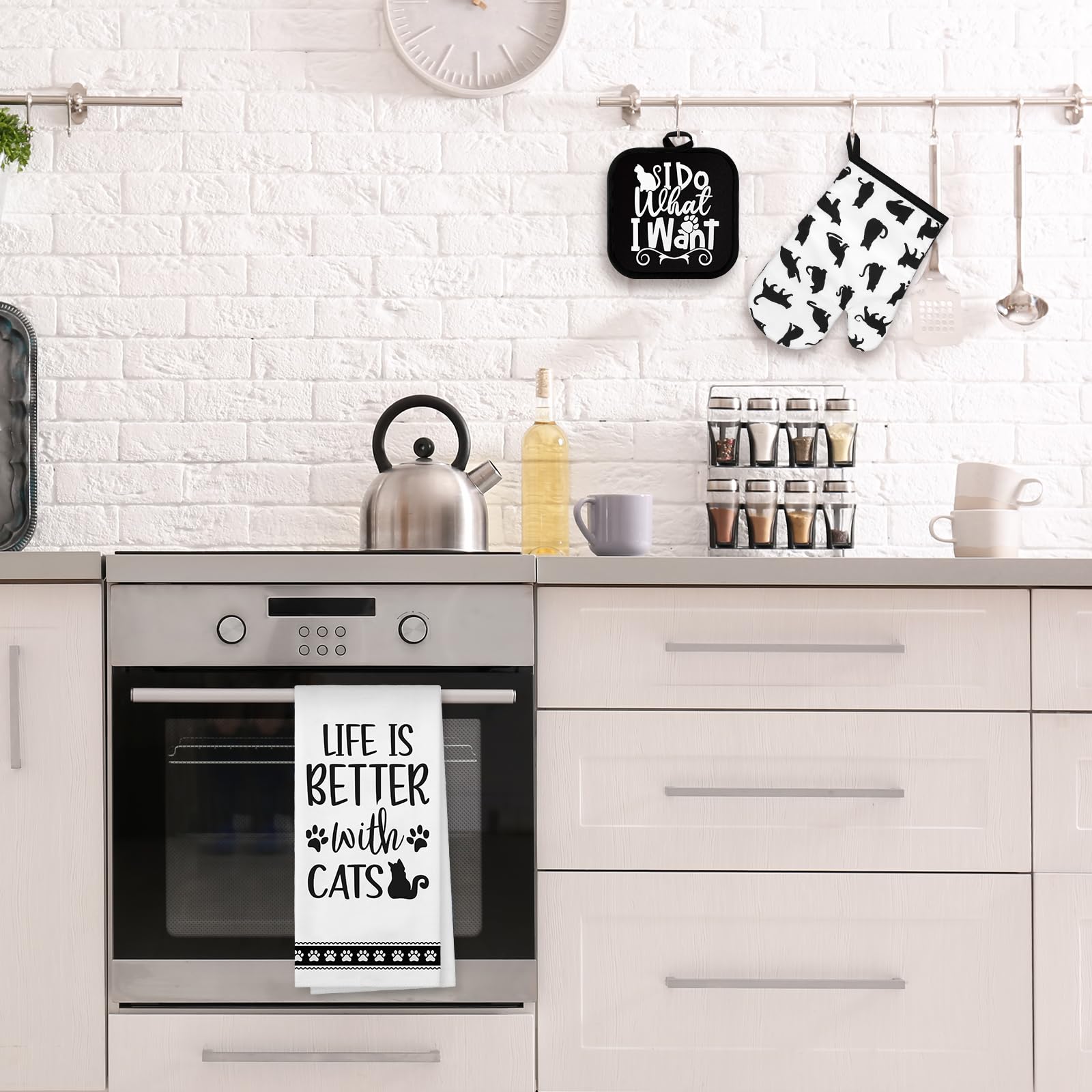 Premium 4-Piece Kitchen Set - Dish Towels, Pot Holders & Oven Mitts for Baking - Cat Lover Theme - Black & White Cotton Kitchen Accessories - Perfect for Home Cooking, Holiday Gifts & Kitchen Decor