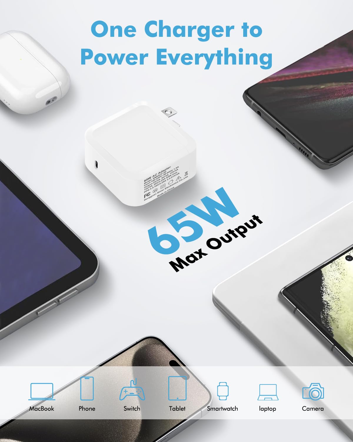 65W USB C Laptop Charger, GaN Type C Fast Charger Foldable - Compatible with Dell, Lenovo, Huawei, HP, Acer, iPad Pro & Samsung Galaxy (PD Power Delivery) - Perfect for Home, Office & Travel Charging