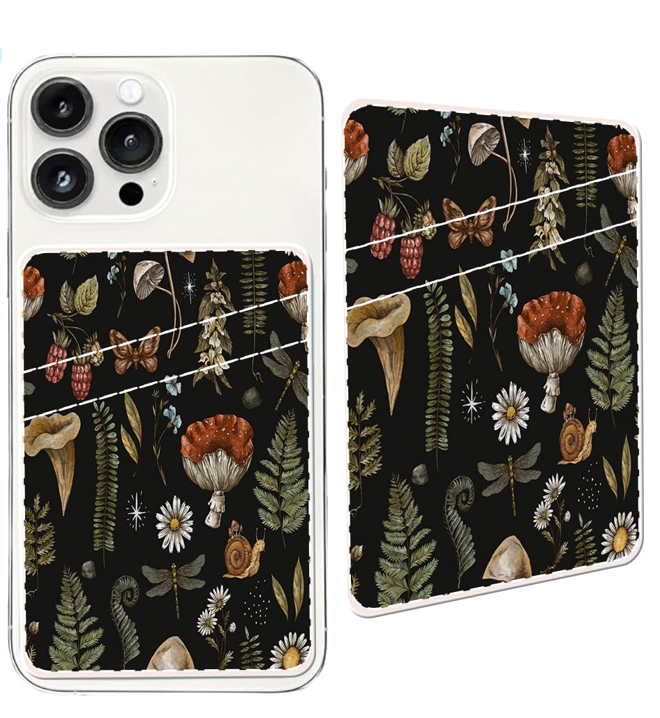 Premium Leather Phone Card Holder - Dual Pocket Adhesive Wallet for Credit Cards & ID - Slim Stick-on Phone Wallet Pouch for iPhone, Samsung & Most Smartphones - Perfect for Travel, Work & Everyday Use - Boho Mushroom Design
