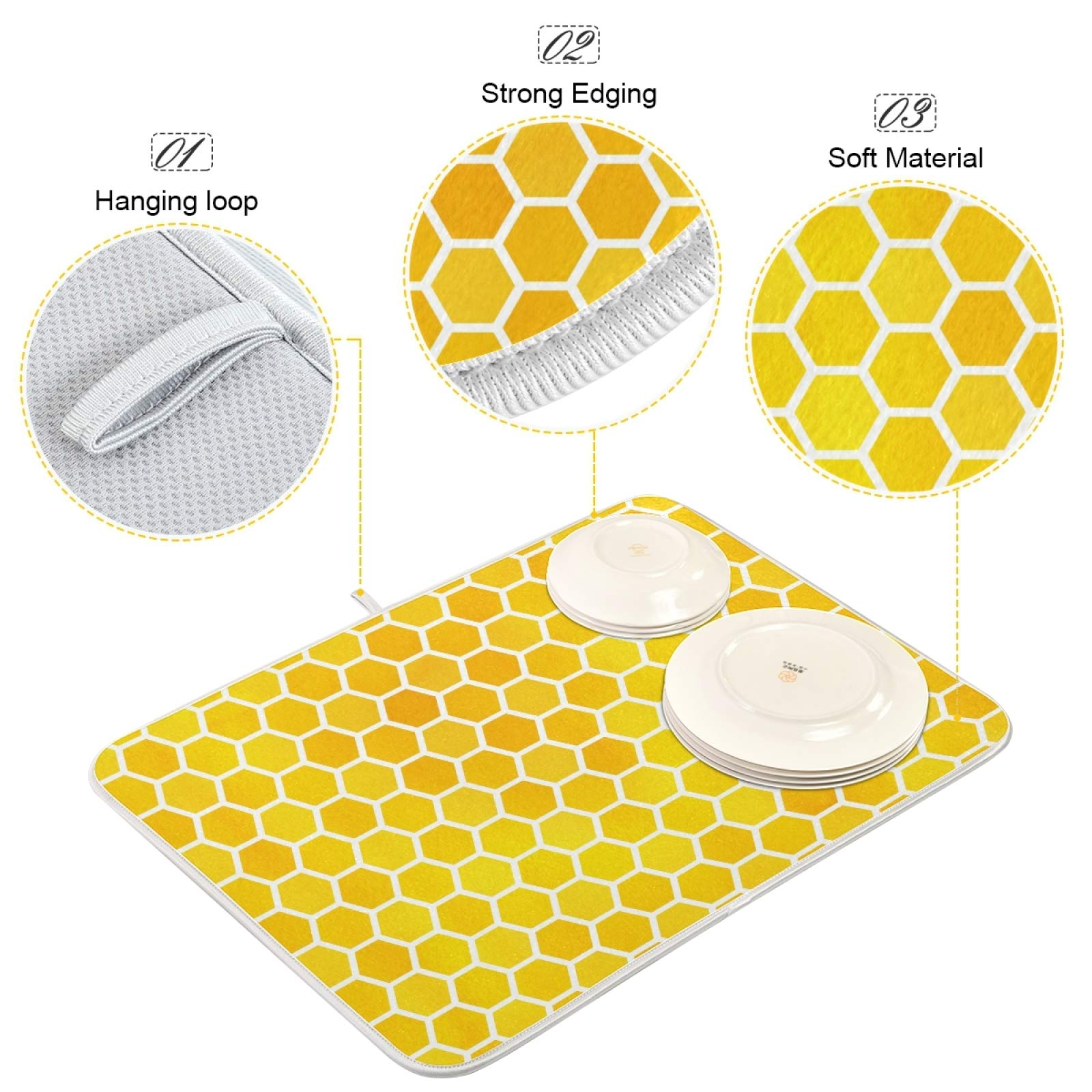 Hexagon Honeycomb Dish Drying Mat - 18x16 Inch Absorbent Microfiber Kitchen Counter Pad | Non-Slip Reversible Bottle & Dish Drainer Mat in Yellow & Orange Gradient | Perfect for Drying Dishes, Utensils & Glassware
