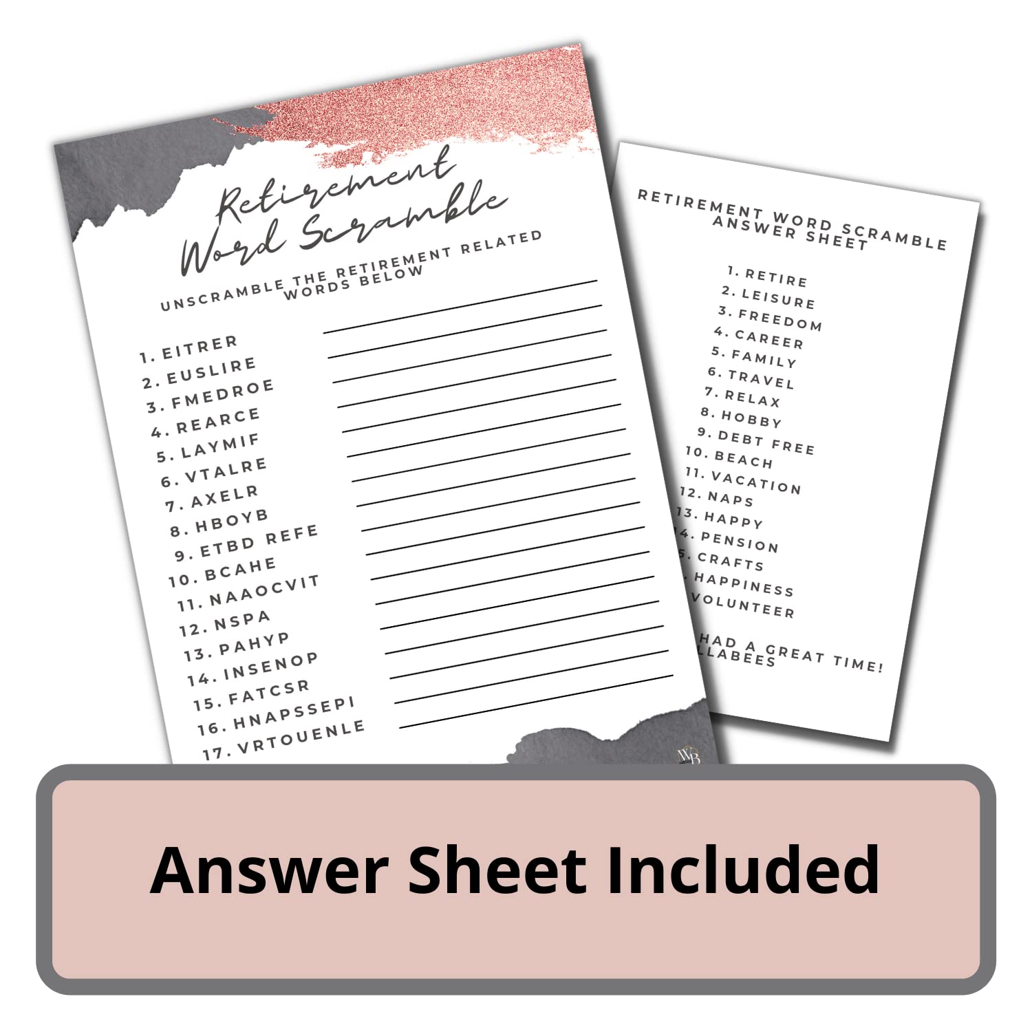 Rose Gold Retirement Party Games Cards - 50 Double-Sided Word Scramble & Would They Prefer? Game Cards for Women, Adults & Seniors - Perfect for Retirement Celebrations, Office Parties & Senior Social Events