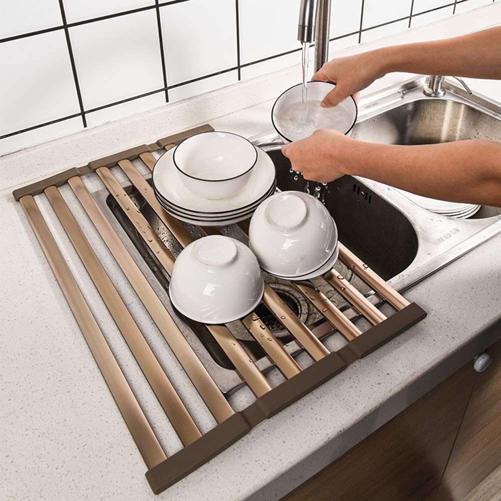 JYING Foldable Aluminum Dish Drying Rack - Over The Sink Space Saving Kitchen Organizer for Plates, Cups & Utensils | Perfect for Small Kitchens & Apartments