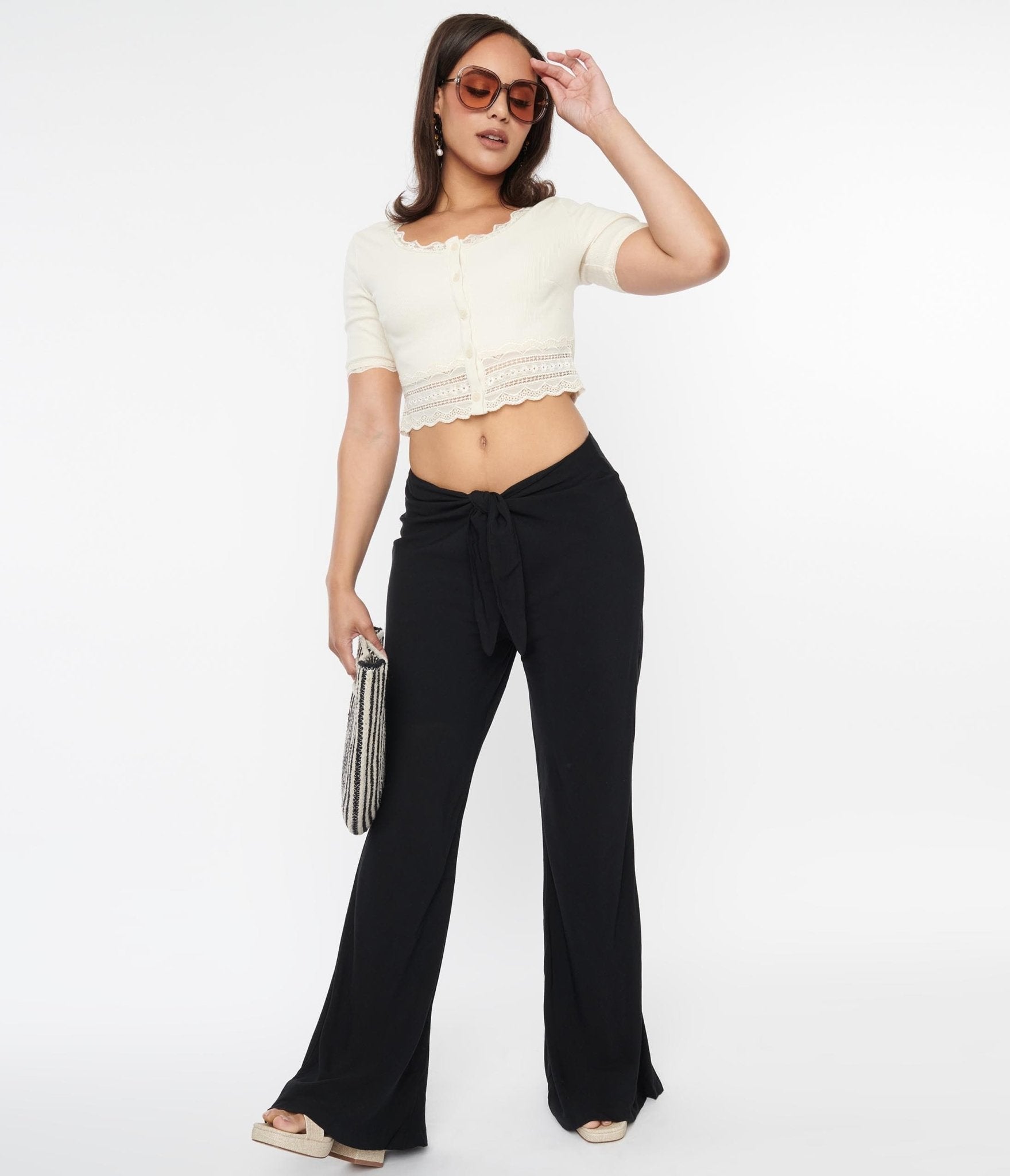 Elegant Black Tie Front Flare Leg Pants for Women - Office Wear & Evening Outfits - Comfortable Stretch Work Pants for Business Casual & Special Occasions