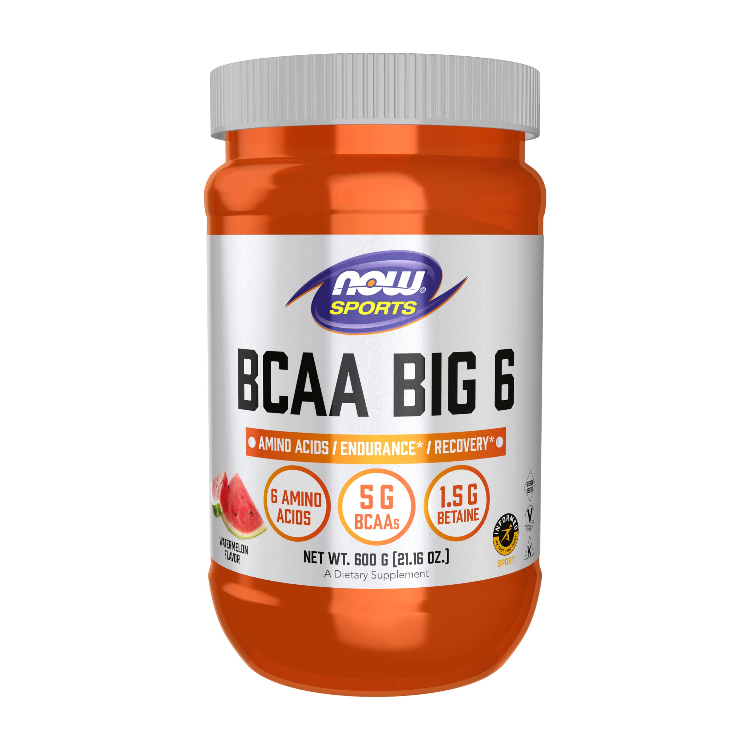 NOW Sports Nutrition BCAA Big 6 Branched Chain Amino Acids Powder - 600g Watermelon Flavor for Muscle Recovery & Endurance | Pre Workout & Post Workout Supplement for Athletes & Fitness Enthusiasts