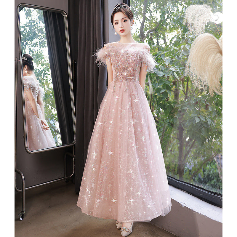 Elegant Off Shoulder Pink Shiny Prom Dress with Feather Details | A-Line Sweet Party Gown for Women | Perfect for Homecoming, Prom Night, and Formal Events