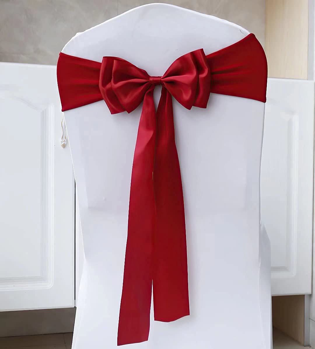 100-Piece Stretch Chair Sashes with Double Bows - Spandex Chair Covers for Wedding, Birthday, Banquet & Christmas Decor - Wine Red Chair Bands for Party & Event Decoration (Perfect for Banquet Halls, Ballrooms, and Outdoor Celebrations)