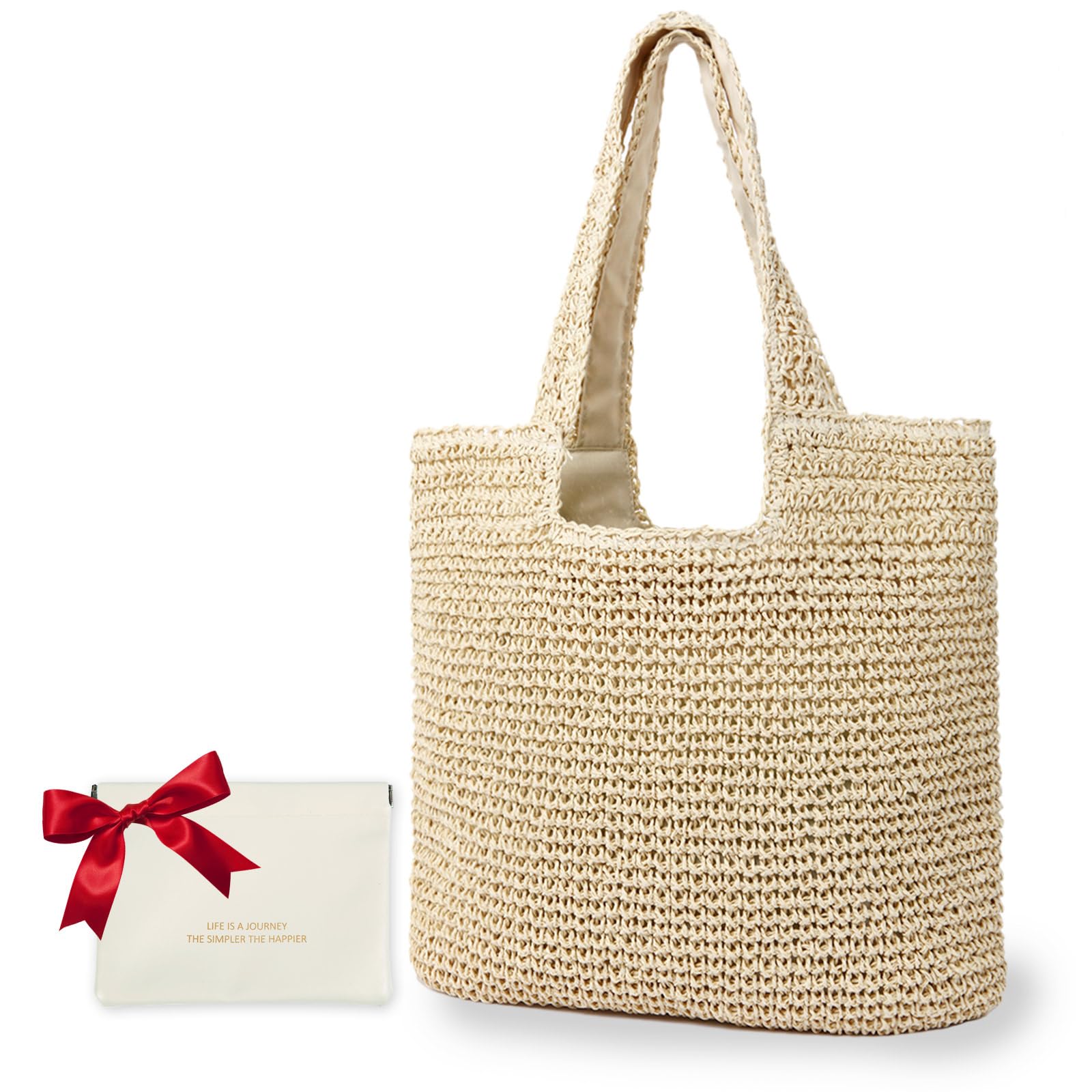 Large Straw Beach Bag for Women with Coin Purse - Woven Tote Summer Shoulder Handbag | Perfect for Vacation, Poolside, Travel & Shopping