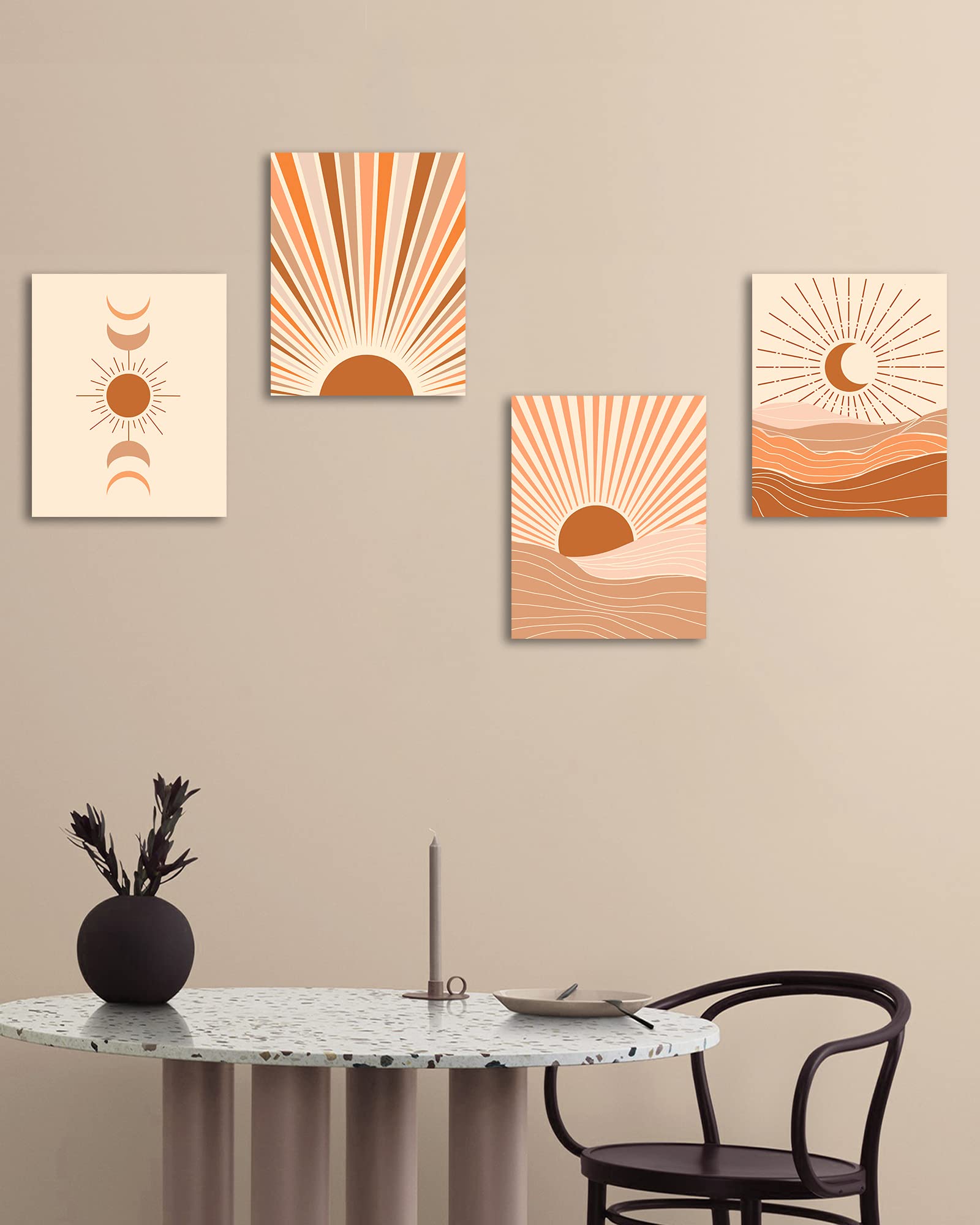 Boho Sun Moon Canvas Wall Art - Abstract Bohemian Room Decor - Set of 4 Framed Prints (8x10 inches) for Living Room, Bedroom & Office Decor