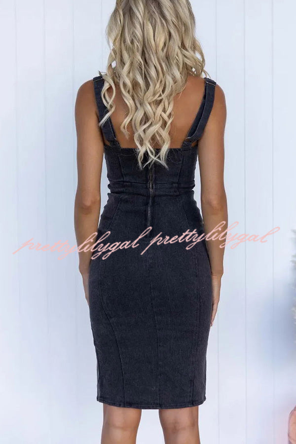 Stylish Denim Midi Dress with Adjustable Straps & Zip-Up Design - Perfect for Casual Outings, Date Nights & Office Wear