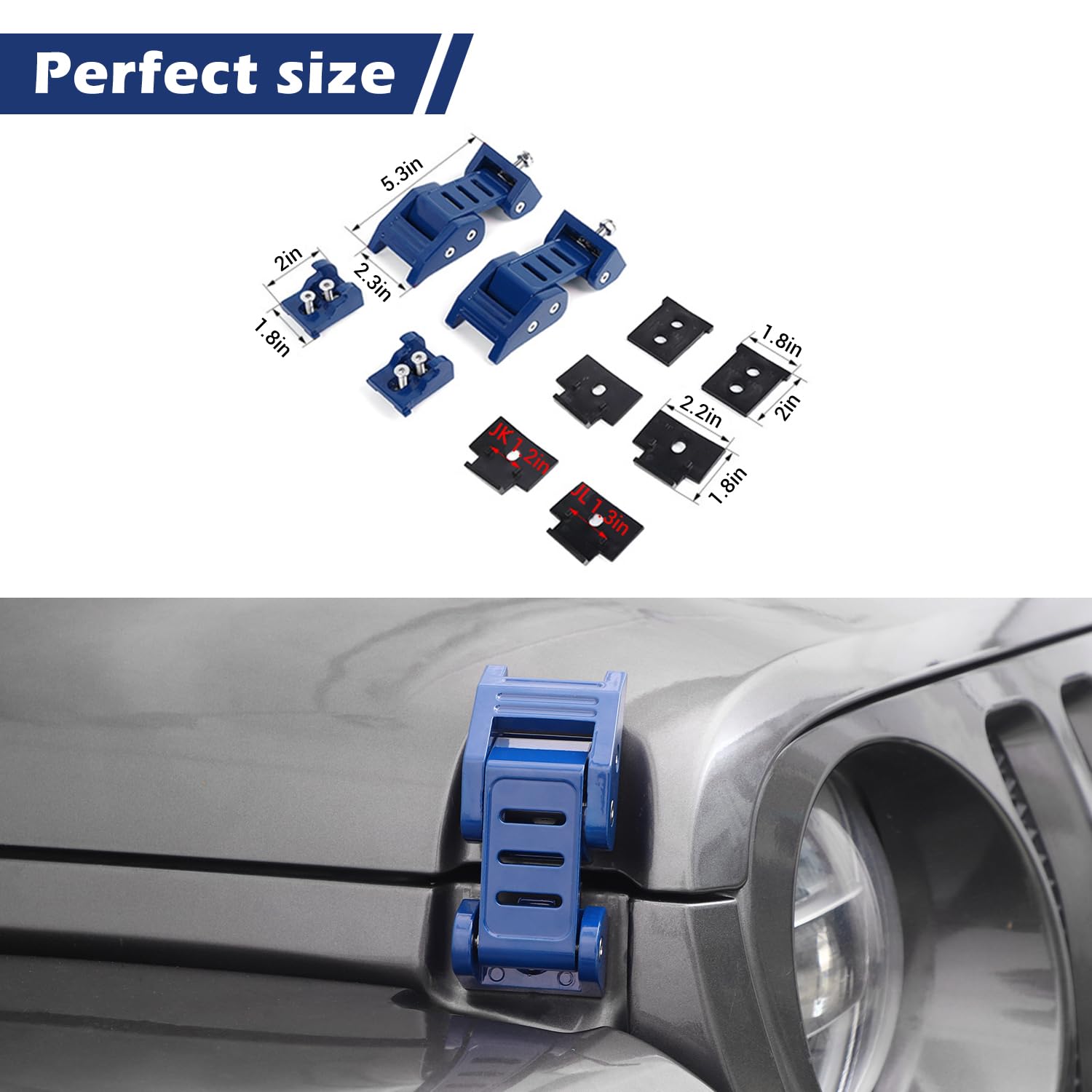 RT-TCZ Hood Latches Catch Kit for Jeep Wrangler JK JL & Gladiator JT (2018-2024) - Blue Off-Road Accessories - 2pc 3-Stripes Design - Durable Exterior Upgrade for Trail & Daily Driving
