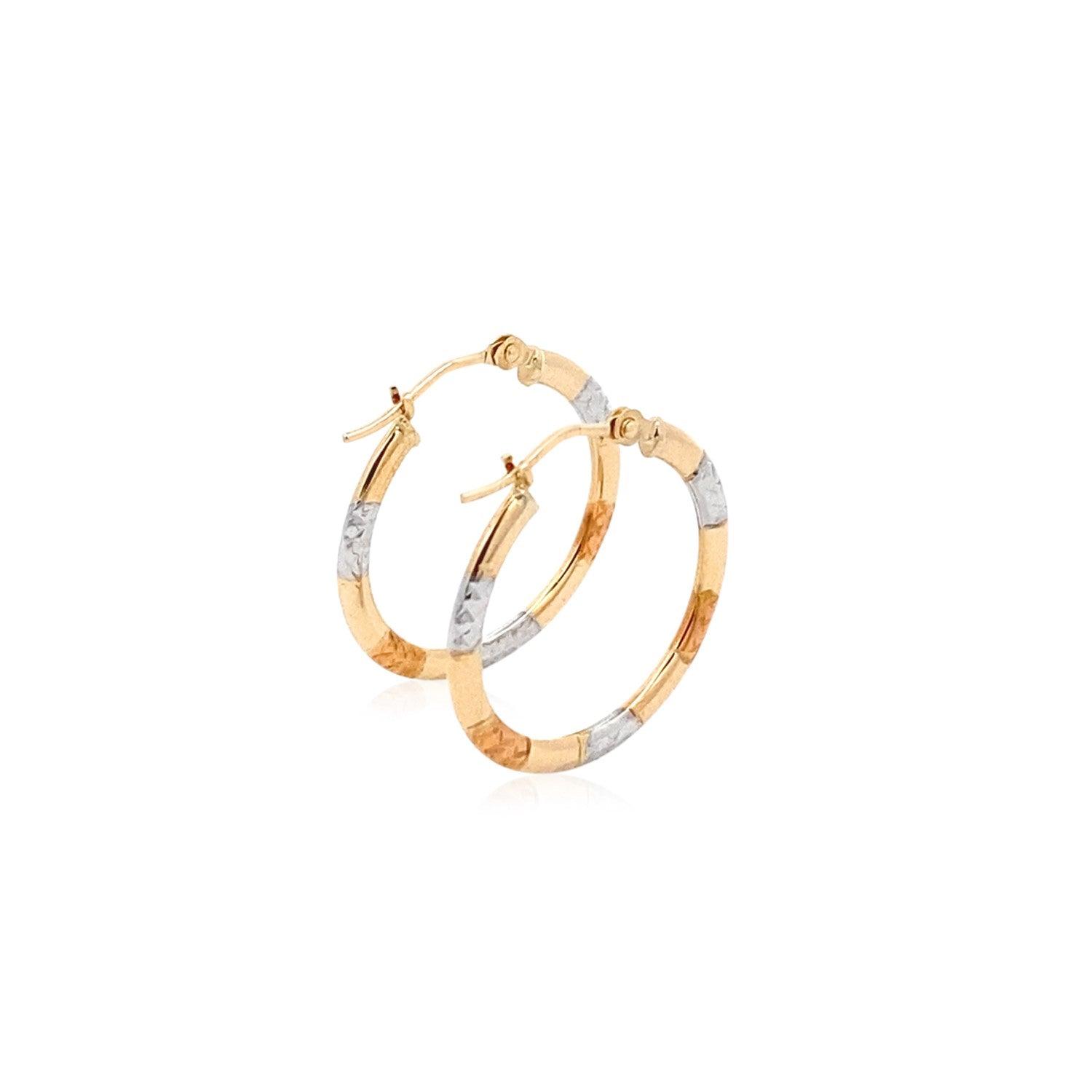 10K Tri-Color Gold Classic Hoop Earrings with Diamond Cut Details - Elegant Everyday Jewelry for Women, Perfect for Parties, Weddings & Special Occasions
