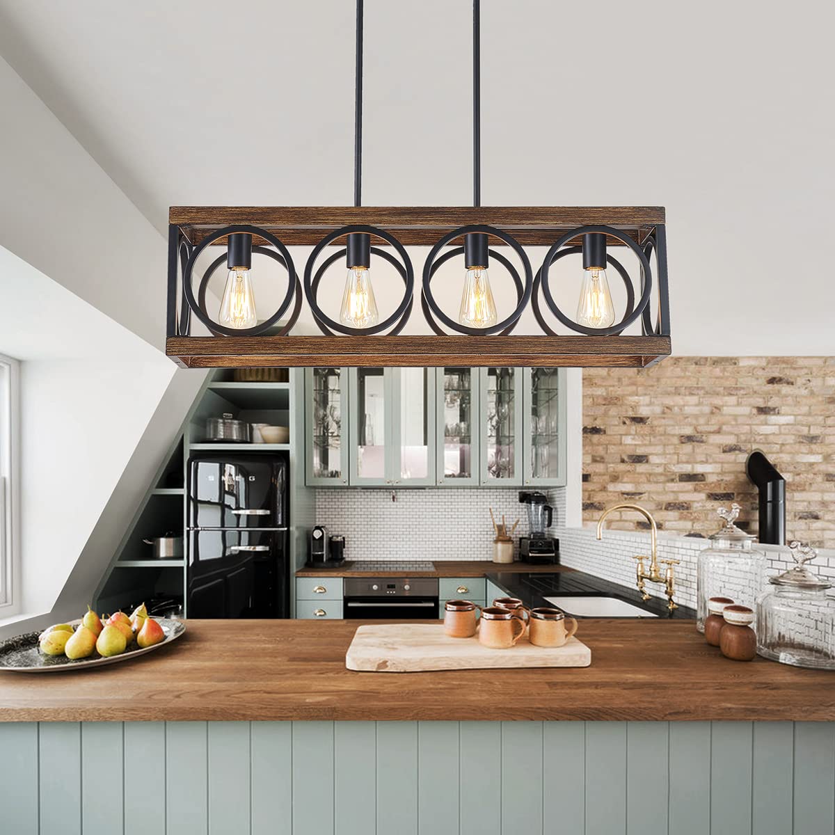 XINGQI Black Kitchen Island Light Fixture - Farmhouse Rectangular Linear Chandelier with Wood Grain Finish | 4-Light Pendant Ceiling Lighting for Dining Room, Bar, Office & Coffee Shop | Perfect for Modern Rustic & Industrial Decor