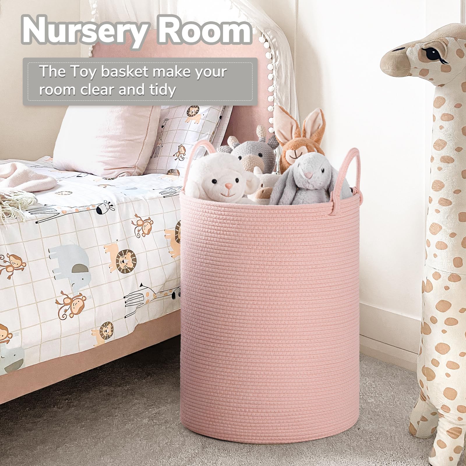 INDRESSME Pink Laundry Basket for Girls & Kids - Woven Rope Storage Hamper for Nursery, Bedroom & Living Room - Tall Toy & Blanket Organizer Bin (19.7 x 13.8 Inches) - Perfect for Kids' Room Decor, Clothes Storage & Playroom Organization