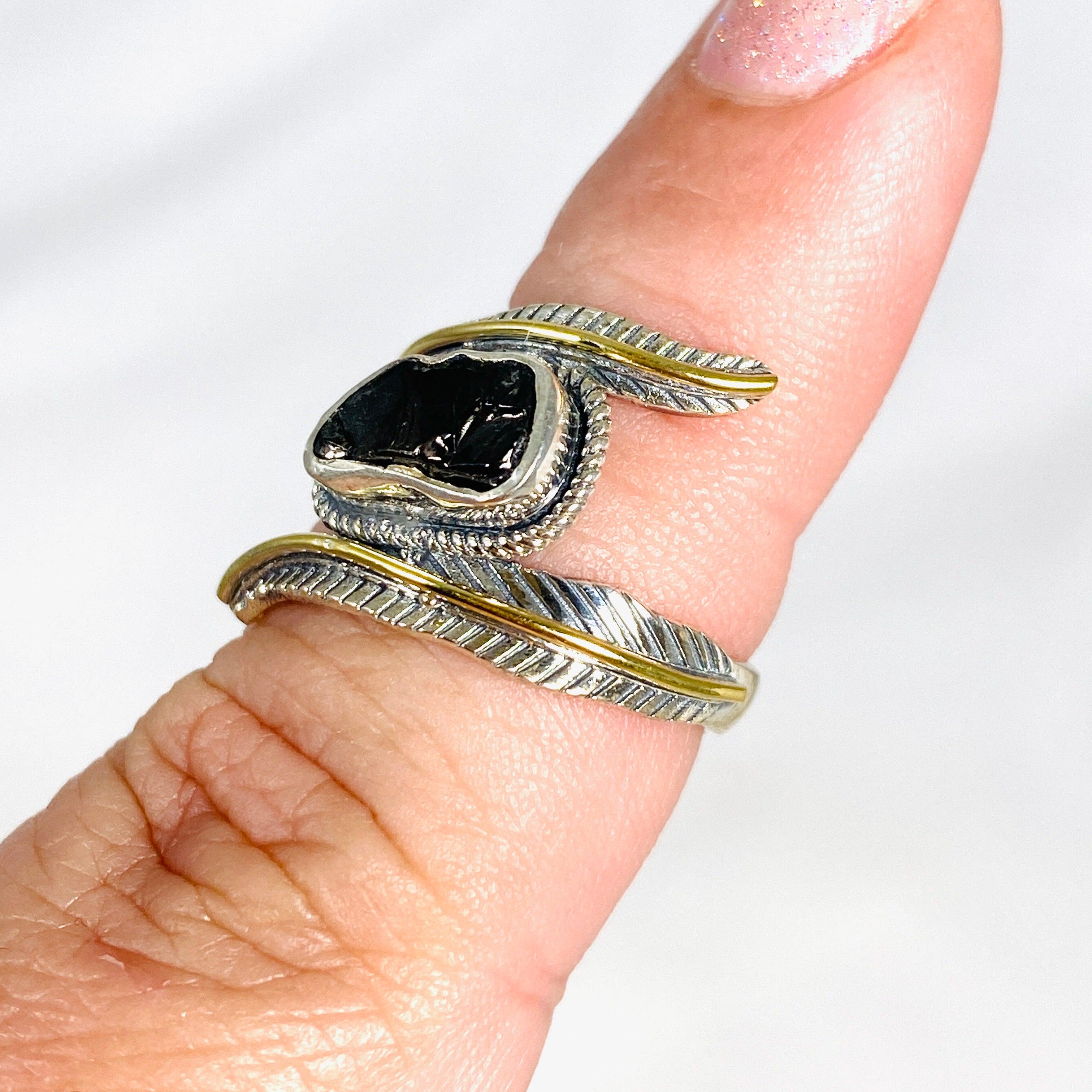 Natural Shungite Leaf Setting Raw Ring R4224 for Men & Women - Healing Crystal Jewelry for Protection & EMF Shielding - Perfect for Meditation, Yoga & Energy Balancing