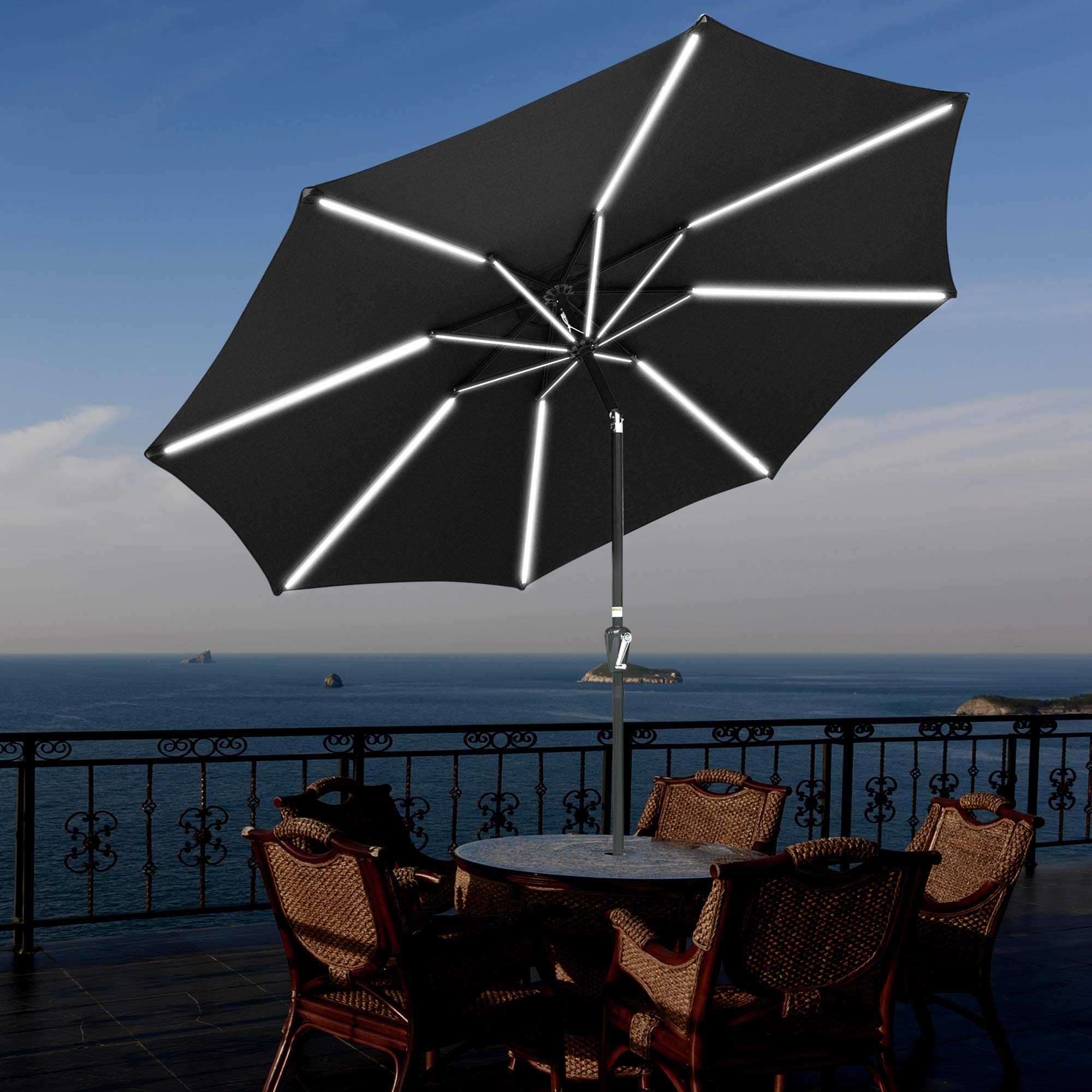 Yescom 10FT Solar Powered LED Light Bar Patio Umbrella with Tilt Crank - Aluminum Market Umbrella for Backyard, Pool Deck, Cafe & Garden - Weatherproof Outdoor Lighting for Nighttime Use