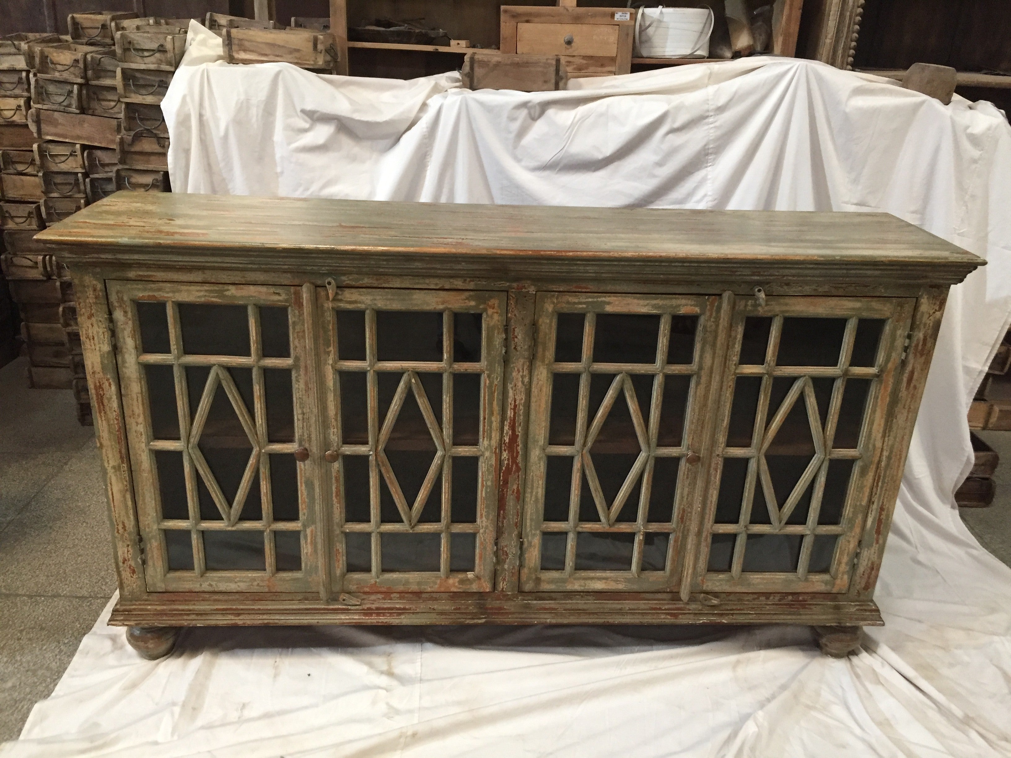 Hand Carved Indian Solid Wood Jali Buffet Sideboard with Glass Door - Traditional Storage Cabinet for Dining Room, Living Room & Entryway Decor