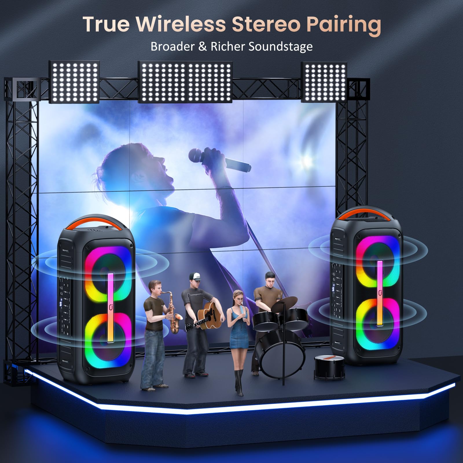 JYX Karaoke Machine with 2 Wireless Microphones - Portable Bluetooth Party Speaker with TWS Stereo, Deep Bass & Dual 60W Subwoofers (400W Peak) - Perfect for Home Karaoke, Outdoor Parties & Live Performances