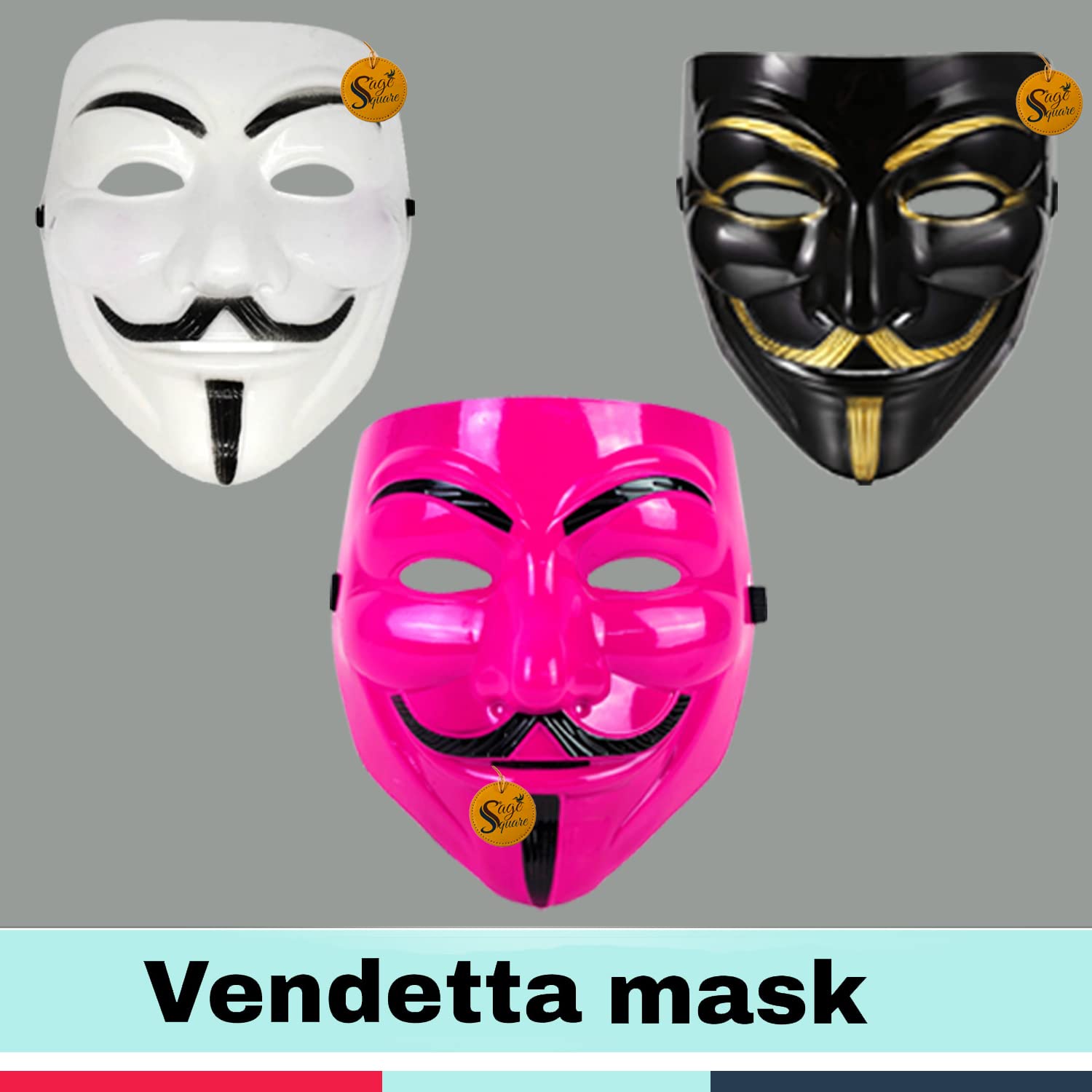 V for Vendetta Anonymous VIP Edition Face Mask - Sage Square Black, Pink & White Set of 3 - Perfect Fit Cosplay Mask for Halloween, Protests & Movie Costumes