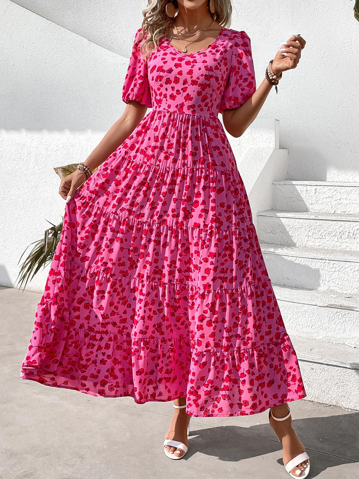 PRETTYGARDEN Women's Floral Summer Dress 2025 - Puff Sleeve, Smocked Backless, Flowy Tiered Maxi Dress for Beach, Vacation & Casual Wear | Boho Chic Style