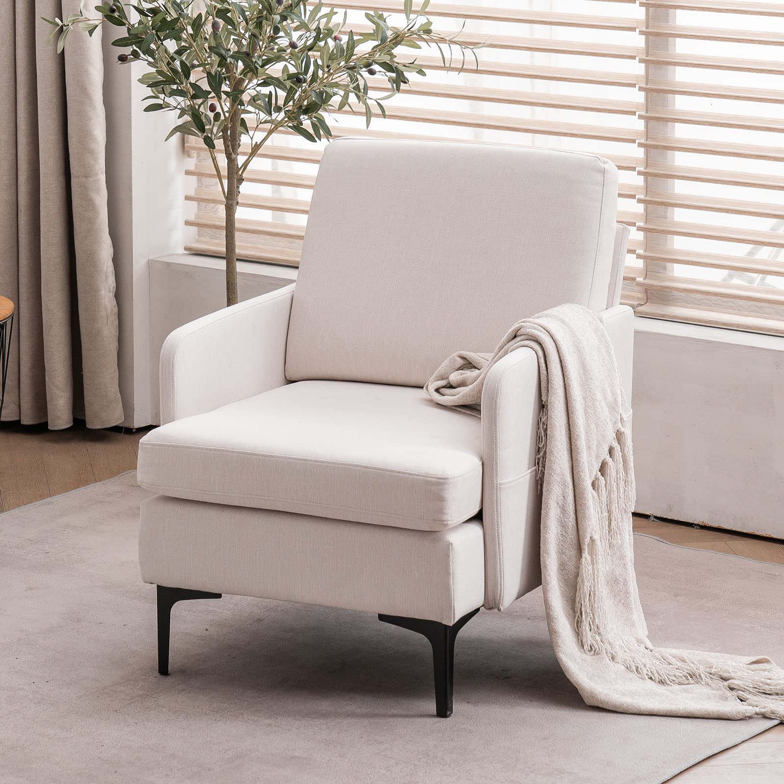 Mid-Century Modern Upholstered Accent Chair - Comfy Fabric Single Sofa with Black Metal Legs, Elegant Living Room Armchair for Reading & Lounging (Beige Linen) | Perfect for Small Spaces, Home Office, Bedroom or Apartment Decor