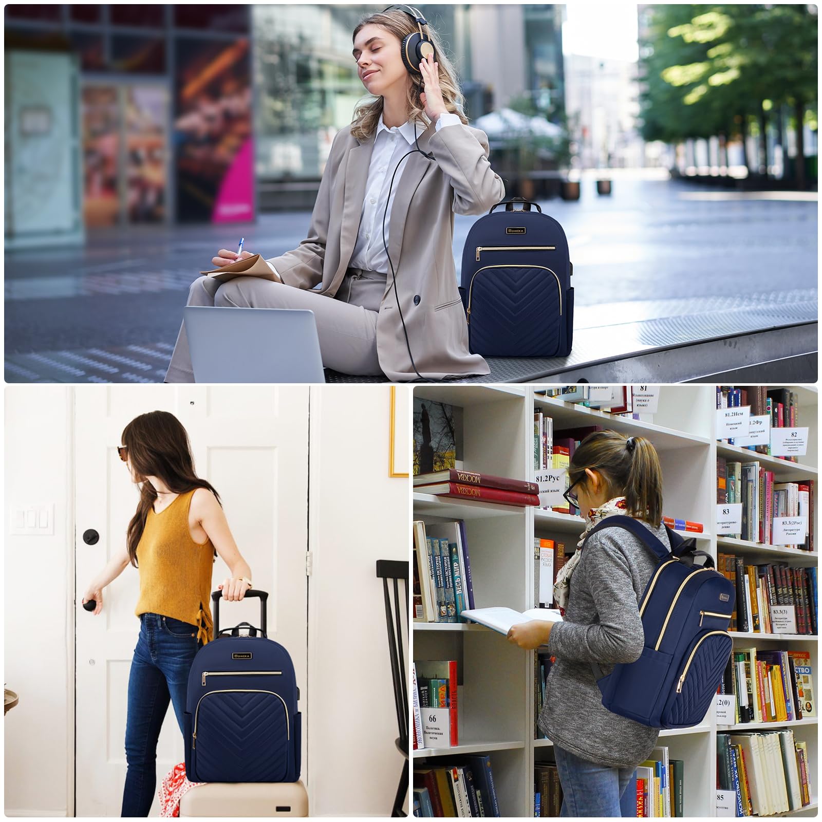 Stylish Women's Laptop Backpack with USB Charging Port - 15.6 Inch Waterproof Travel Backpack for Work & Business Trips - Fits Under Airplane Seat & Attaches to Luggage - Perfect for Commuting, College & Business Travel (Blue)