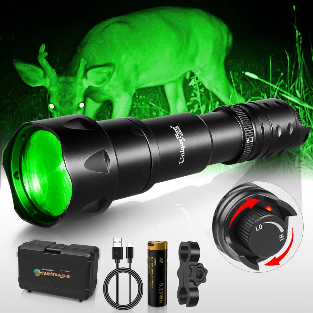 UniqueFire 2002D Rechargeable Green Flashlight for Night Hunting - Zoomable Fresnel Lens with Rapid Dimmer Switch & Mounting Bracket - Perfect for Hog, Coyote and Predator Hunting - Ideal for Outdoor, Camping and Security Use