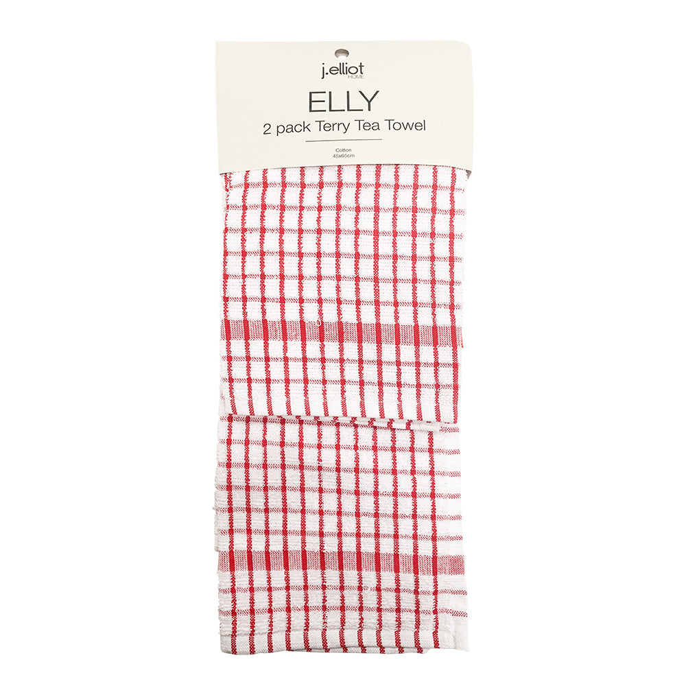 Elly 2 Pack Premium Cotton Tea Towels 45x65cm - Absorbent Kitchen Towels for Drying Dishes, Cleaning & Decor (Red) - Perfect for Home, Restaurant & Gift Use