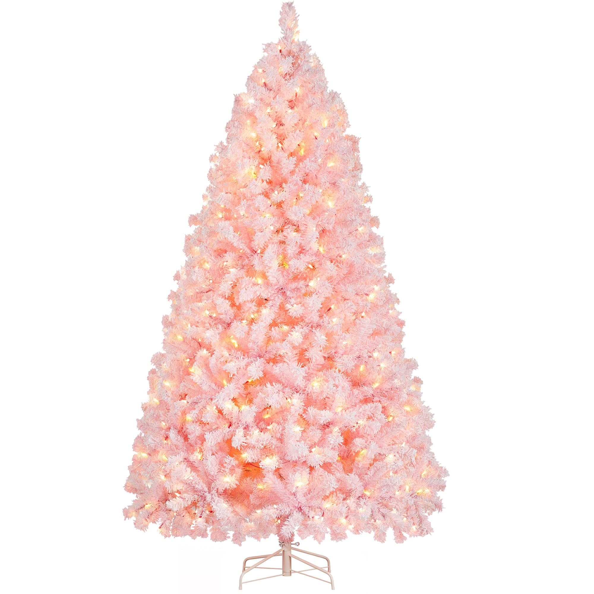 Yaheetech 7.5ft Pre-lit Artificial Christmas Tree with 550 Warm White Incandescent Lights - Snow Flocked Full Prelit Xmas Tree with 1284 Branch Tips & Foldable Stand (Pink) - Perfect for Living Room, Office, and Holiday Decorations