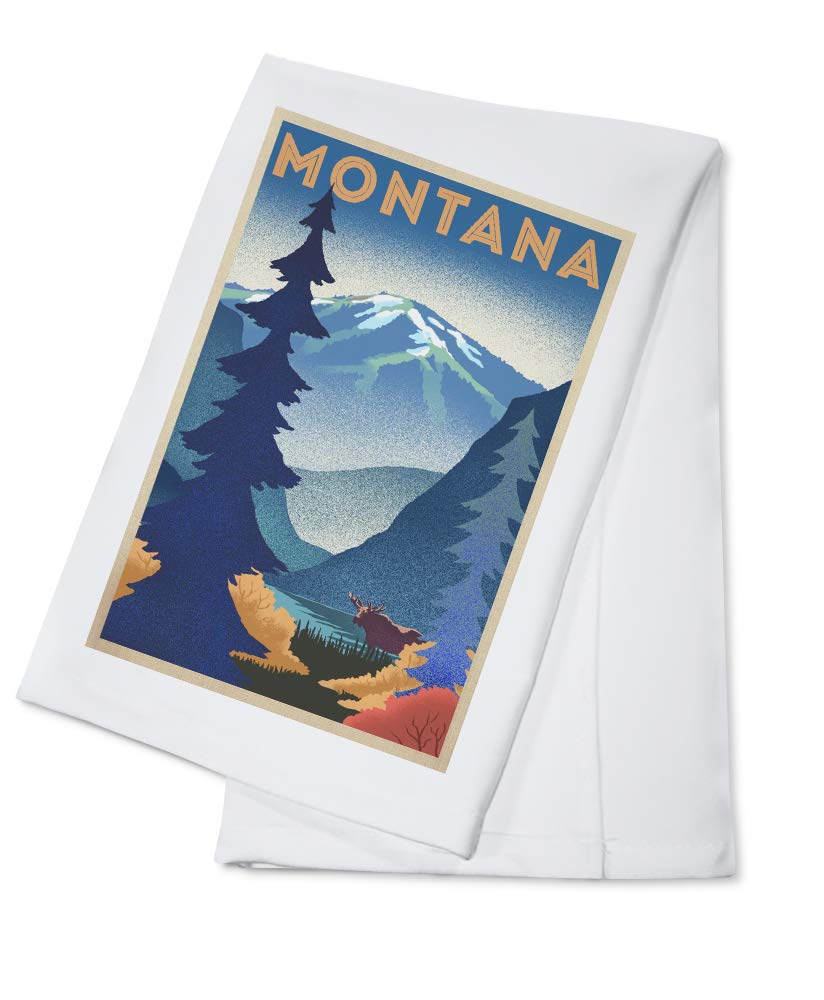 Montana Mountain and Moose Lithograph Tea Towel - 100% Cotton Decorative Hand Towel for Kitchen & Home - Perfect for Dish Drying, Gift Giving, and Rustic Home Decor
