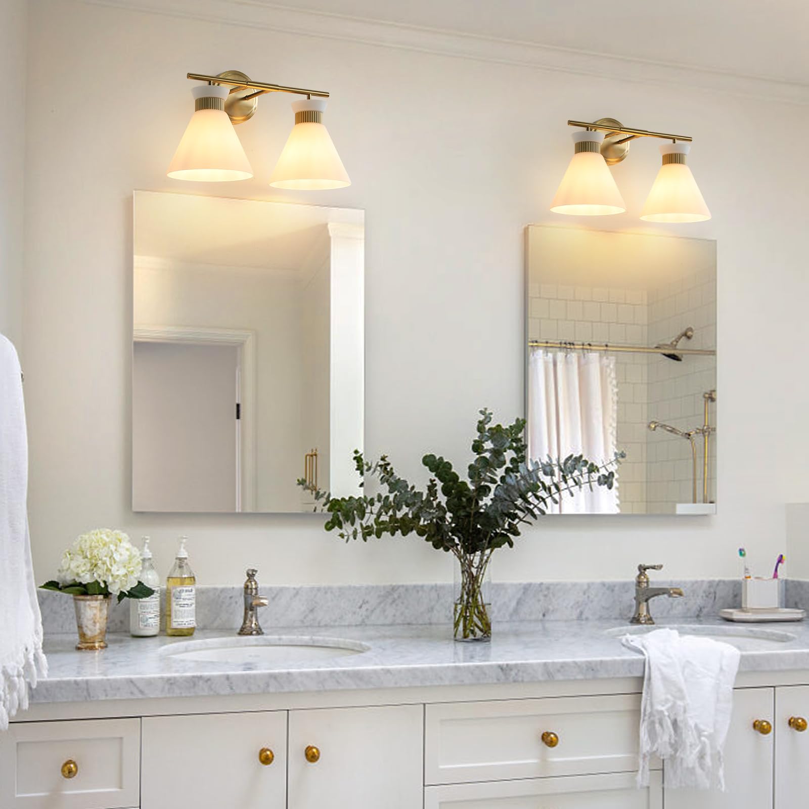 WOSHITU Mid Century Modern Bathroom Vanity Light Fixtures - 2 Light Brass Gold Wall Sconce with Frosted Milky Glass for Mirror Lighting | Perfect for Bathroom, Bedroom & Hallway Décor