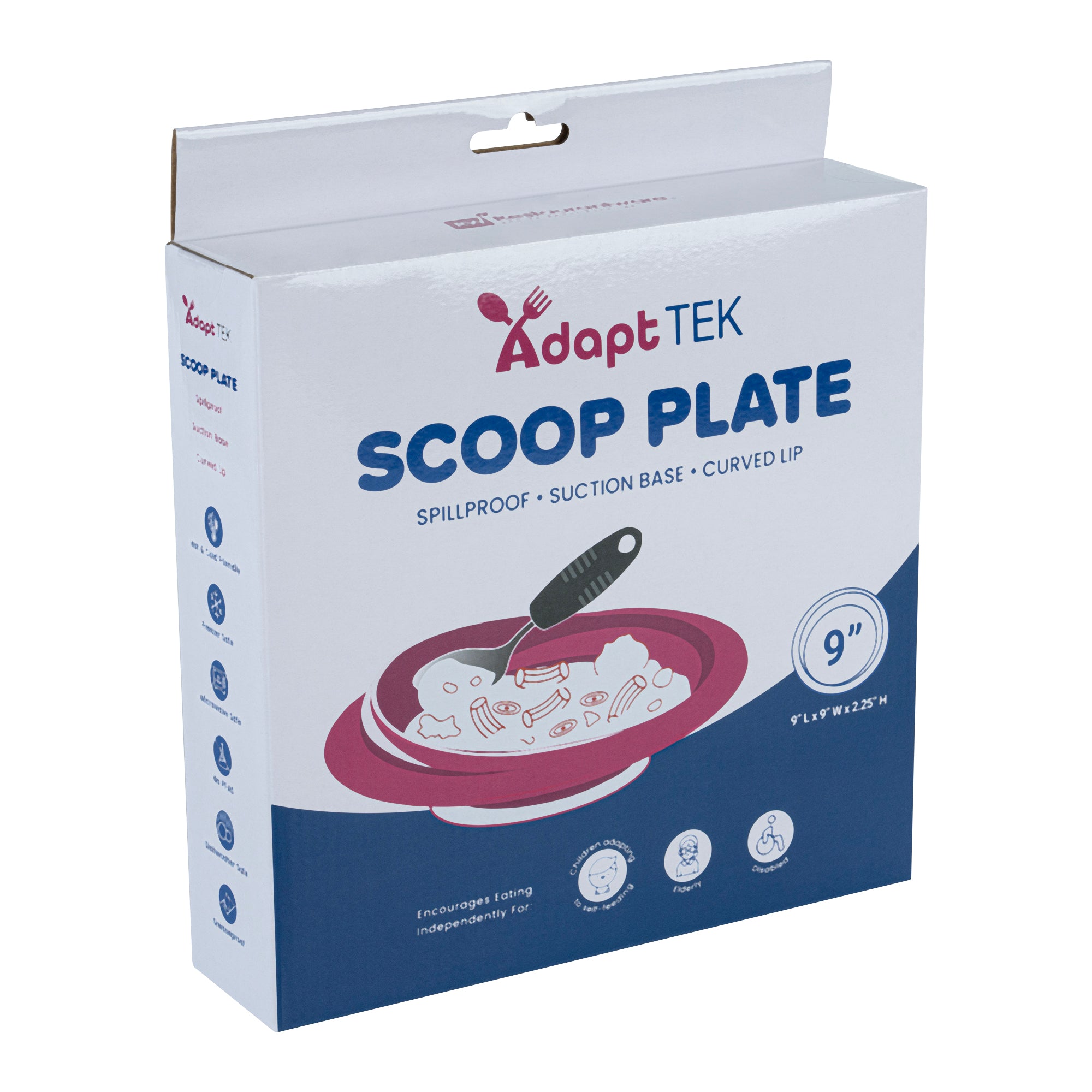 Adapt Tek Round Blue Plastic Scoop Plate - Spill-Proof with Strong Suction Base, 9 x 9 x 2.25 Inches, 1-Pack - Perfect for Baby Feeding, Toddler Meals & Mess-Free Snacking