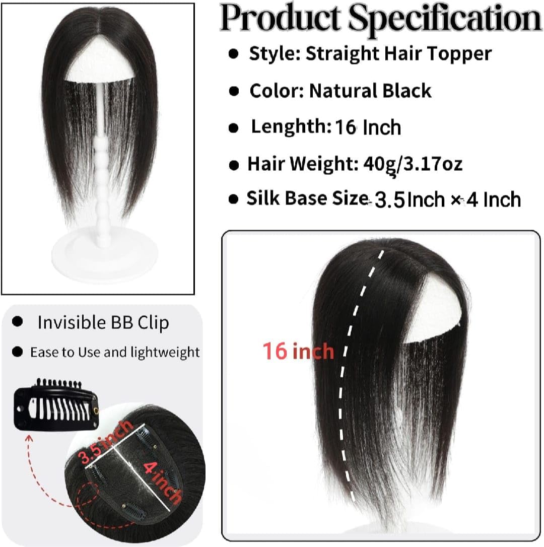 DAZZ LOOK 16 Inch Silk Base Clip-In Hair Topper for Women - Middle Part Human Hair Wig for Thinning Hair & Hair Loss - Soft Jet Black Hair Extension - Perfect for Daily Wear, Special Occasions & Confidence Boost