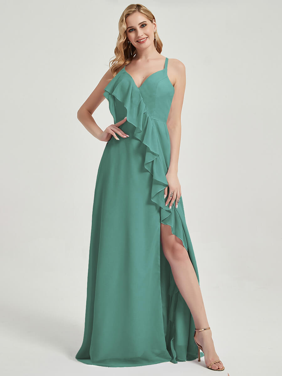 Elegant Criss Cross Straps Ruffles Slit Chiffon Maxi Bridesmaid Dress in Eucalyptus Green - Perfect for Weddings, Formal Events & Evening Parties