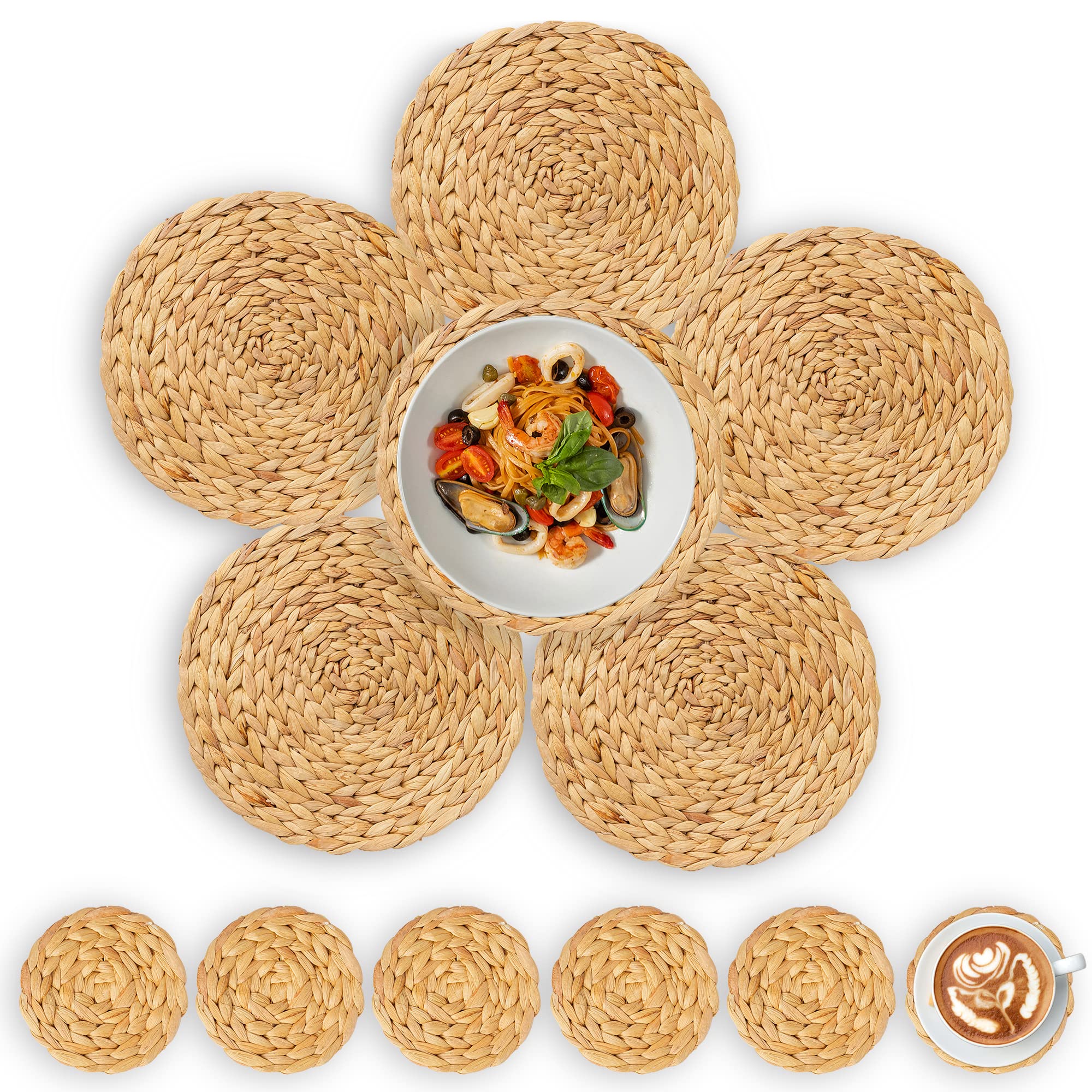 Kiwi Homie 6-Piece Round Water Hyacinth Placemat Set with Drink Coasters - Natural Woven Rattan Table Mats for Dining, Kitchen, and Outdoor Use - Handmade Eco-Friendly Home Decor for Parties & Everyday Dining