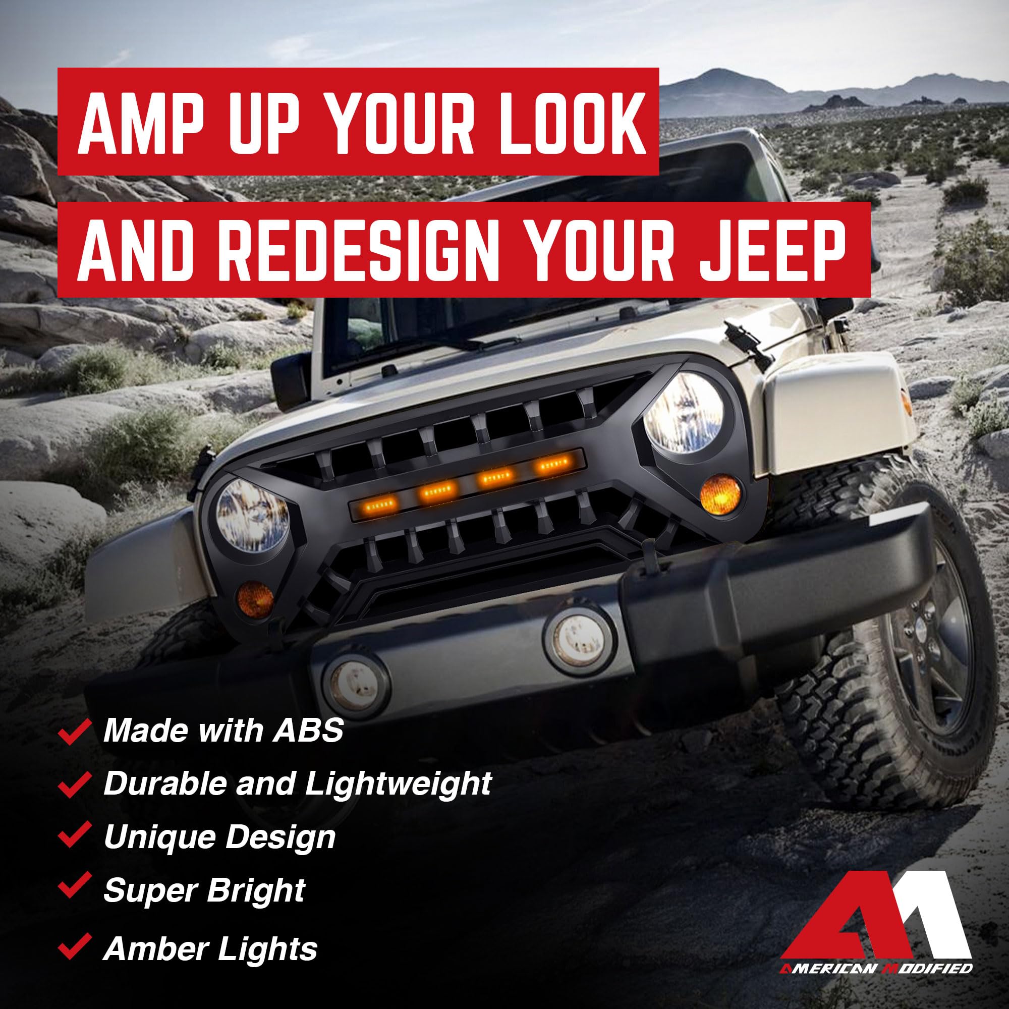 07-08 Jeep Wrangler JK Black AMERICAN MODIFIED Armor Grille with Amber Lights - Heavy Duty Off-Road Protection for Adventure & Trail Riding