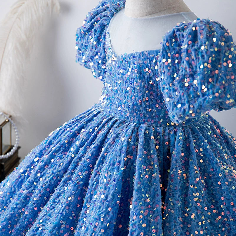 Royal Blue Princess Round Tea-Length Sequined Flower Girl Dress for Weddings & Special Occasions - Perfect for Bridal Parties & Formal Events