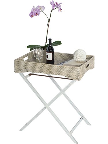 KOUBOO La Jolla Rattan Butler Tray with Folding Stand - Handwoven Decorative Serving Tray for Coffee Table, Breakfast in Bed, Living Room & Bedroom Decor - Whitewashed Wicker Tray for Home, Hotel and Gift Use